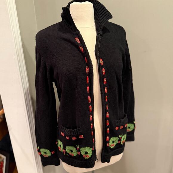 Vintage Christmas Wreath Zip Sweater Plaid Ribbon Applique Beaded Sz Lrg Black - Picture 2 of 12
